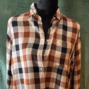 Loft Black and Brown Plaid Button Down Shirt-X. Small Petite